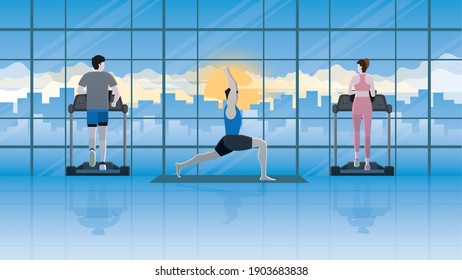 Mind And Body Exercise Of Yoga Posture Man On Yoga Mat In Fitness Center Between Treadmill Runner. Get Attention From Other People By Balance Pose, Relaxation And Cool Down Body Stretching After Run.