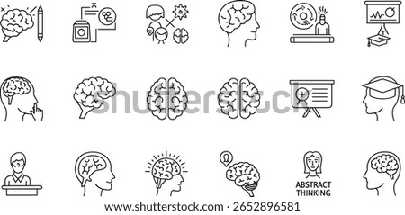 Mind, brain concept line icon set. Vector pictograms of mental processes, learning, creativity, problem-solving, mindfulness, memory, cognitive development, abstract thinking thin