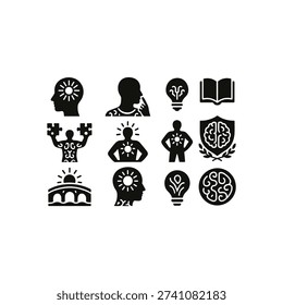 Mind and brain silhouette icon set. featuring head, idea, brain, muscles, book, shield, bridge symbols