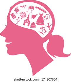 Mind of a bride. Female profile filled with assorted wedding theme icons