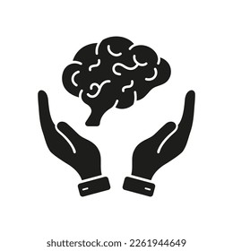 Mind Care Cpncept. Human Brain in Side View with Hands Silhouette Icon. Neurology, Psychology Glyph Pictogram. Brainstorm, Education, Logic, Knowledge, Memory Icon. Isolated Vector Illustration.