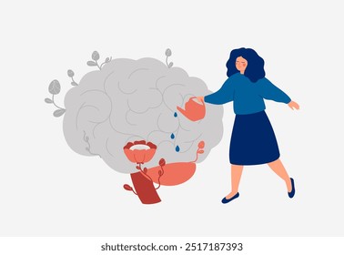 Mind care and mental health concept. Happy woman watering human brain in bloom. Psychotherapy support for good thoughts and mindset. Prevention neuro illnesses. Vector illustration