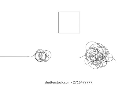Mind Chaos, Square, Circles, Single Black Line, Abstraktes Verwirrungskonzept mit Mental Health Grafiken für Klarheit, Fokus, psychologisches Wohlbefinden und minimalistische Linienkunst