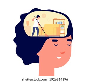 Mind cleaning. Head health, mental problems treatment metaphor. Self detox, woman caring about her brain and utter clean head inside vector concept