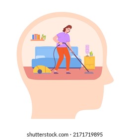 Mind Cleaning. Woman Cleansing Space Inside Head, Mental Health Clear Consciousness In Room Of Brain, Clutter Think Inner Human Intellect Detoxing Care Thinking Vector Illustration. Inner Head Mind