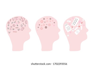 Mind concept. Human brains with different signs. Vector illustration.