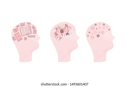 Mind concept. Set of human brains with different signs. Vector illustration.