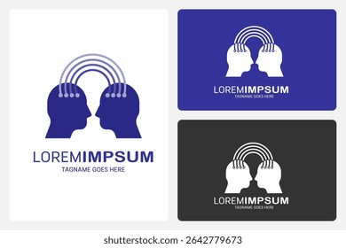 Mind Connection Logo Template. This logo shows two blue human heads facing each other with five curved lines connecting their heads.