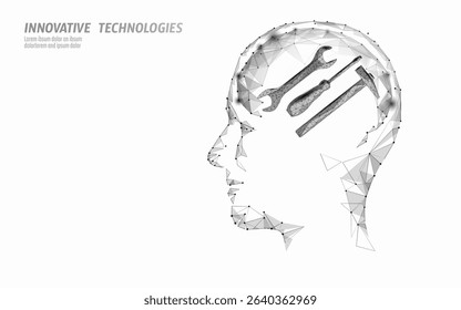 Mind containing tools concept. Human head silhouette mechanic instruments engineering idea. Engineering construction innovation maintenance. Low poly white background vector