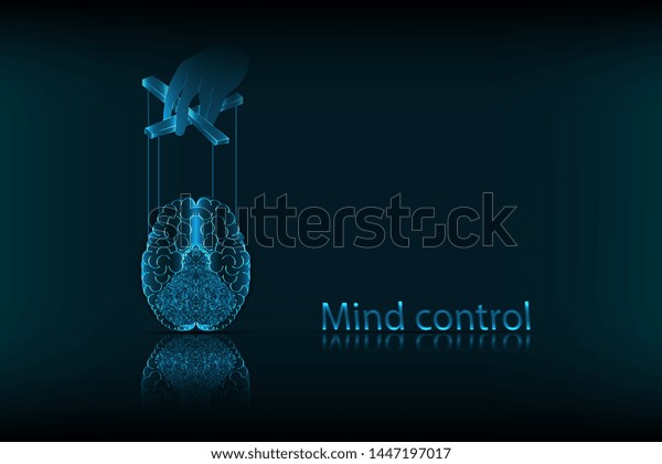 Mind control. The concept of mind control, in\
the form of a human brain controlled as a puppet, on a dark blue\
background. Vector\
graphics.