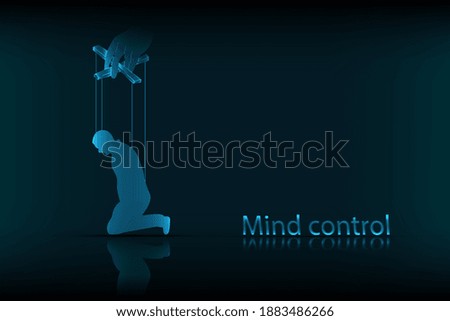 Mind control. The concept of mind control, in the form of a person controlled like a puppet, on a dark blue background. Vector graphics.