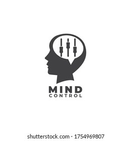 Mind control logo flat design template. Dark Gray Head shilhouette, Speech bubble or callout and equalizer logo concept. Isolated on white background. 