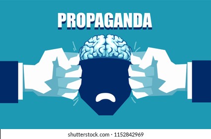 Mind control and propaganda concept. Vector of an open human head squeezed between two fists 