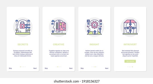 Mind creative process psychology vector illustration. UX, UI onboarding mobile app page screen set of abstract line human head processing in mental secret, create insight, introvert personality symbol