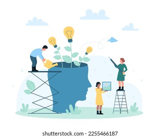 Mind development and personal growth vector illustration. Cartoon tiny people water light bulb plants of creative ideas inside human head, help person to think and grow motivation for success career