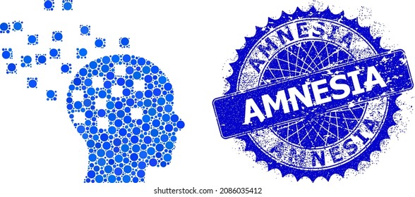 Mind disintegration vector mosaic of round dots in variable sizes and blue color tones, and grunge Amnesia stamp seal. Blue round sharp rosette seal includes Amnesia title inside it.