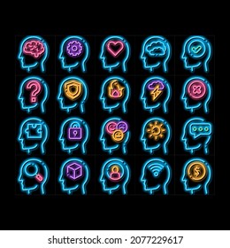 Mind Elements Signs neon light sign vector. Glowing bright icon  Gear And Brain Mind, Heart And Shield, Padlock And Coin Marks in Man Head Silhouette Illustrations