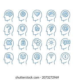 Mind Elements Signs sketch icon vector. Hand drawn blue doodle line art Gear And Brain Mind, Heart And Shield, Padlock And Coin Marks in Man Head Silhouette Illustrations