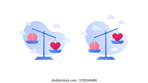 Mind and emotion intelligence concept. Vector flat illustration set. Human brain and heart shape on libra isolated on white background. Psychology health balance. Design element for banner, ui, logo