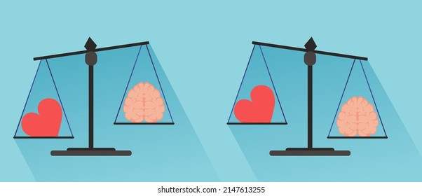 Mind and emotional balance. Libra, choice of method of solving problems. Logical thinking, human heart and brain. Mentaphor of psychology and person psychotype. Cartoon flat vector illustration