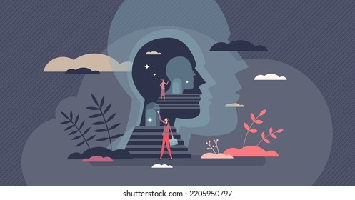 Mind Exploring With Personality And Individuality Search Tiny Person Concept. Self Awareness And Mental Head Exploration With Psychological Therapy And Education Vector Illustration. Discover Memories