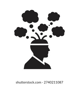 Mind explosion brainstorming concept showing head with bursting clouds representing creativity overload stress epiphany imagination