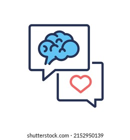 Mind and feelings - vector line design single isolated icon on white background. High quality black pictogram with red and blue colors. Image of brain and heart communication. Rationality and emotions