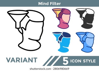 Mind Filter icon for illustrating perception filtering systems, selective attention, and interpretation control. Line, Filled, Color, Blue, Dualtone style.