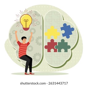 Mind Fitness concept. A brain with puzzles and gears symbolizing cognitive processes, creativity, and problem solving. A person celebrates a new idea symbolized Mind Fitness.