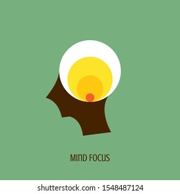 Mind focus icon concept with down red point in the drawing of human brain isolated on green background, vector and illustration.