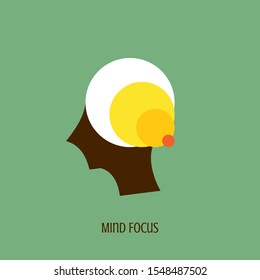 Mind focus icon concept with red point in the drawing of human brain isolated on green background, vector and illustration.