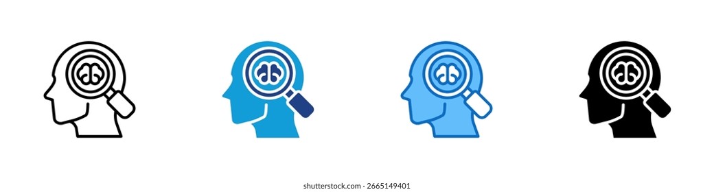 Mind Focus Multi Style Icon Vektordesign - Menschlicher Kopf mit Lupe, die auf das Gehirn fokussiert, was auf Konzentration oder kognitive Analyse hinweist
