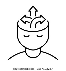 Mente llena de opciones. Cabeza con el icono de línea de flechas. Tomar decisiones. Versatilidad, oportunidades, flexibilidad mental. Dirección de tres vías. Diferentes direcciones en la vida. Ilustración vectorial. 