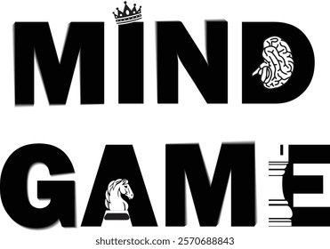 Mind game chess quote typography design with the Knight, the Queen and the Rook. Design element for poster, t-shirt print, banner, advertisement, social media. Chess day!