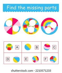 Mind game. Task for the development of logic for children. Find the missing pieces. Vector illustration. 