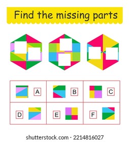 Mind game. Task for the development of logic for children. Find the missing pieces. Vector illustration. 