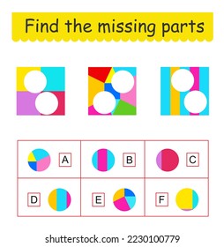 Mind game. Task for the development of logic for children. Find the missing pieces. Vector illustration.