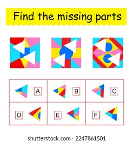 Mind game. Task for the development of logic for children. Find the missing pieces. Vector illustration.