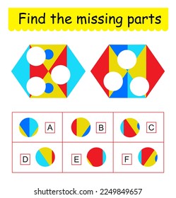 Mind game. Task for the development of logic for children. Find the missing pieces. Vector illustration.