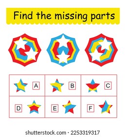 Mind game. Task for the development of logic for children. Find the missing pieces. Vector illustration.