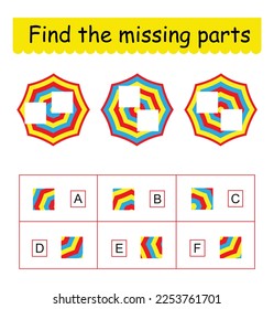 Mind game. Task for the development of logic for children. Find the missing pieces. Vector illustration.