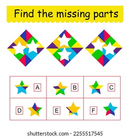 Mind game. Task for the development of logic for children. Find the missing pieces. Vector illustration.