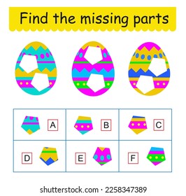 Mind game. Task for the development of logic for children. Find the missing pieces. Vector illustration.