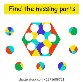 Mind game. Task for the development of logic for children. Find the missing pieces. Vector illustration.