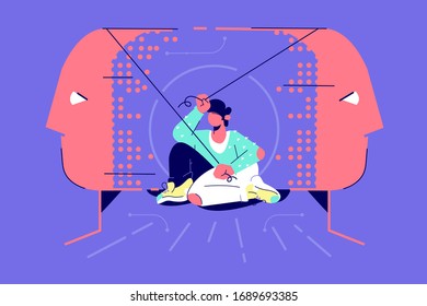 Mind Games Effect Vector Illustration. Paradigm Shift Changing, Rethink Idea Perception Flat Style Design. Guy Pulling Threads Of Thoughts. Intelligence Concept