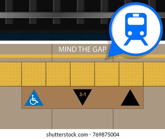 Mind The Gap Between Platform Train Station Subway Railway Safety Queue Line Up Arrow Sign on Floor Tactile Paving Assist Blind People visually Impaired Indicator Guide Navigate Direction Warning