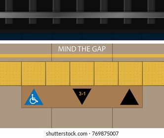 Mind The Gap Between Platform Train Station Subway Railway Safety Queue Line Up Arrow Sign on Floor Tactile Paving Assist Blind People visually Impaired Indicator Guide Navigate Direction Warning