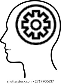 Mind-Getriebe-Konzept, veranschaulicht Denkprozess im Kopf. Mechanismus ist abstraktes Design, präsentiert Intellekt. Vektorgrafik.