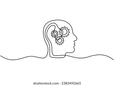 Mind with gear. Continuous one line drawing. Vector illustration isolated. Minimalist design handdrawn.