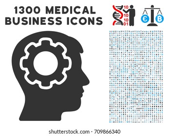 Mind Gear grey vector icon with 1300 medical business pictograms. Collection style is flat bicolor light blue and gray pictograms.